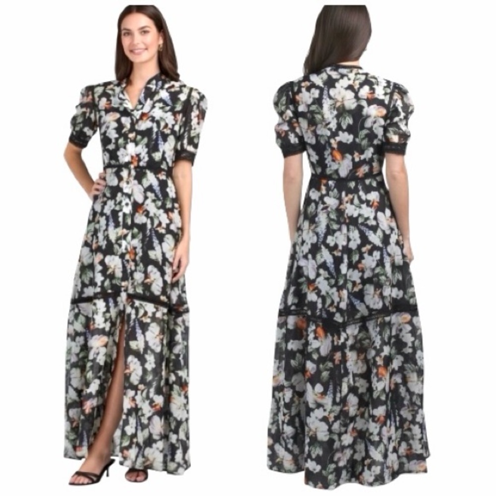 Aqua Blu Arcadia Atlas Silk Floral Lace Short Puff Sleeve Button Down Maxi Dress